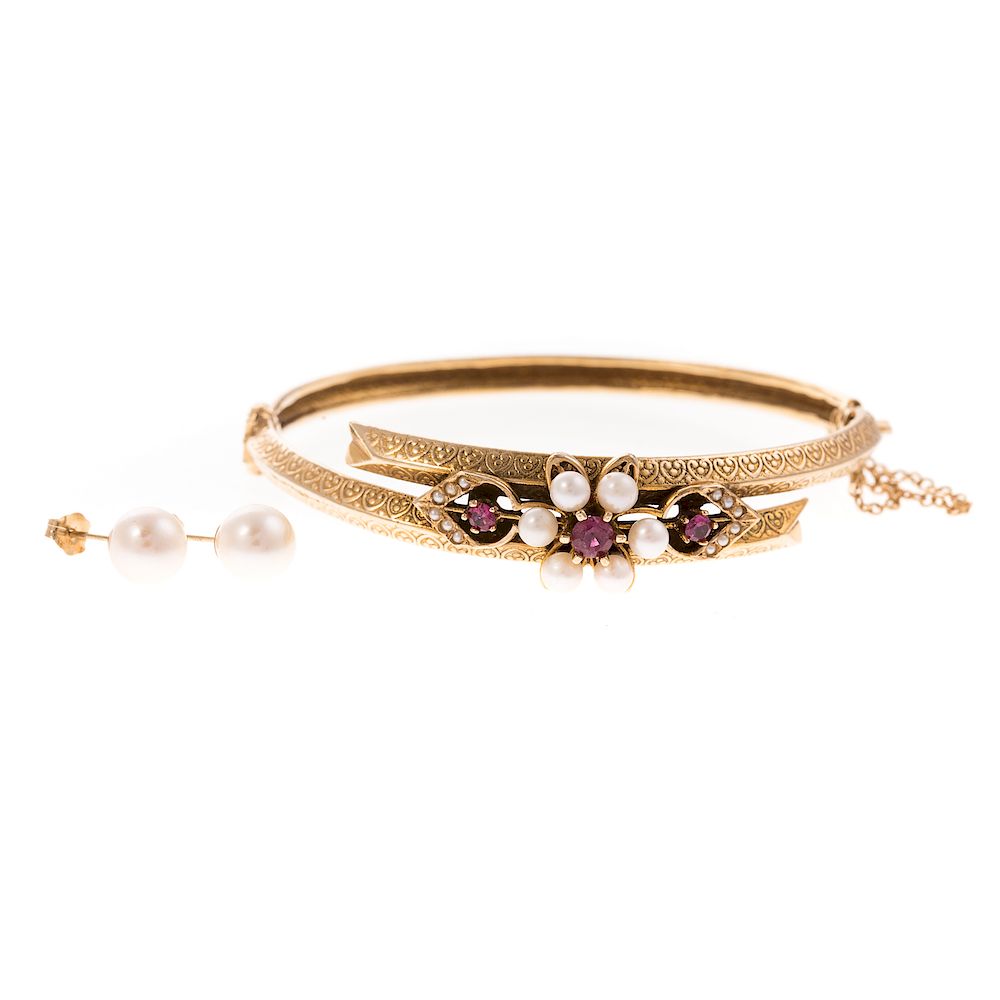 Appraisal: A Ladies Ruby Bracelet Pearl Studs in K K yellow