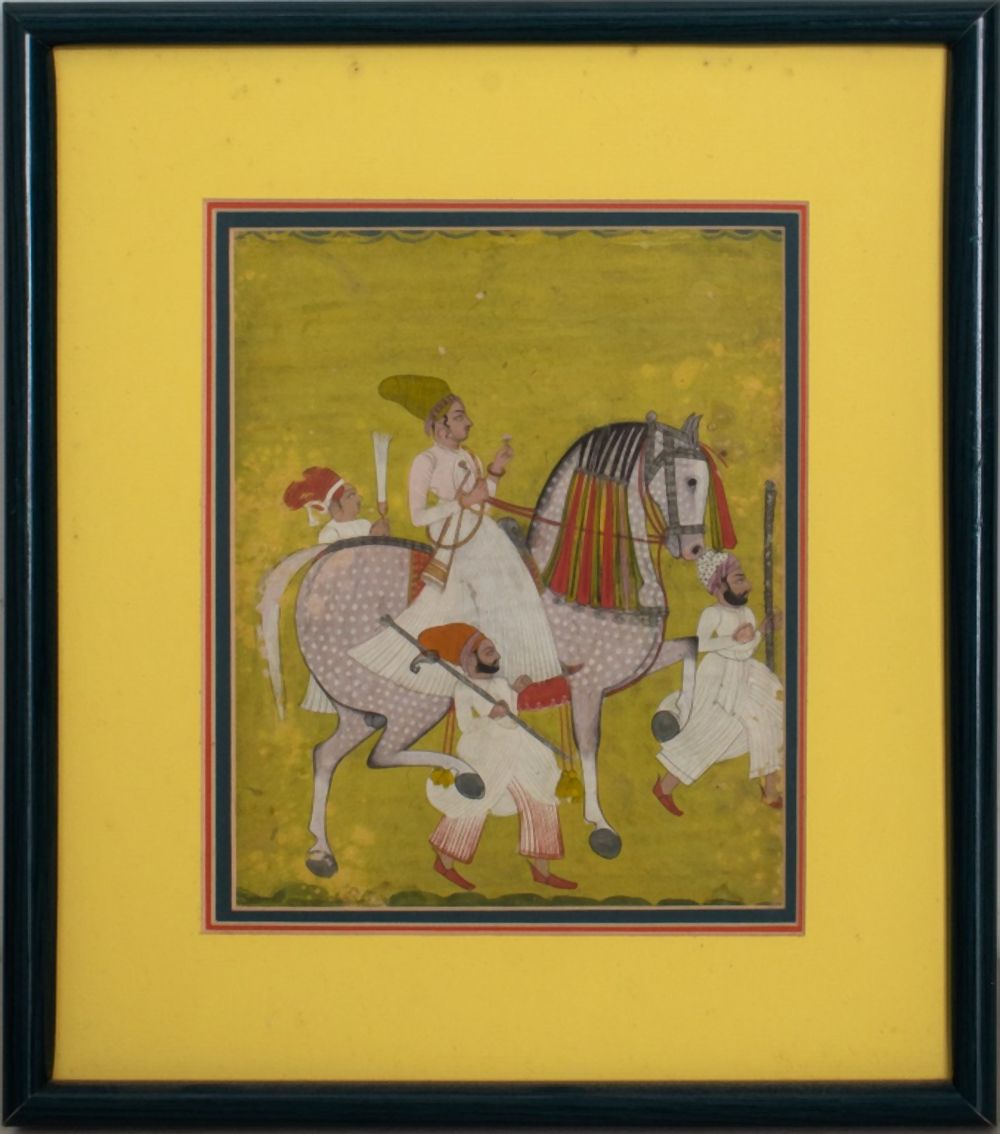 Appraisal: INDIAN EQUESTRIAN PAINTING OF RAJPUT RULER Antique Indian equestrian painting