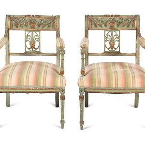 Appraisal: A Pair of Neoclassical Painted and Parcel Gilt Armchairs Late