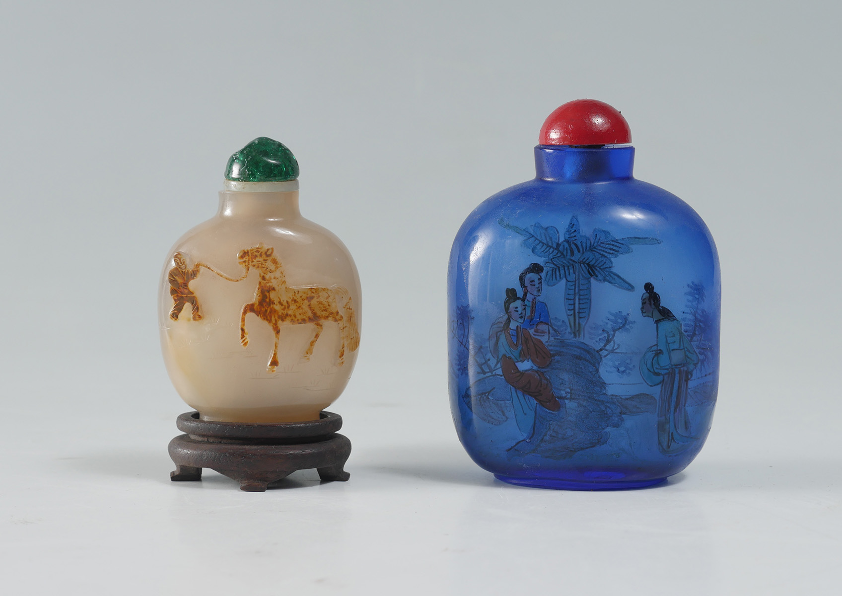 Appraisal: PC CHINESE REVERSE PAINTED CARVED SNUFF BOTTLES Comprising - Large