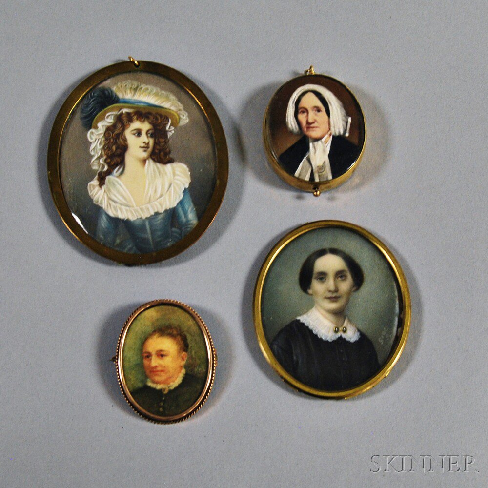 Appraisal: Four Portrait Miniatures of Women one with glass case back