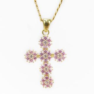 Appraisal: Karat Yellow Gold Pink Gemstone and Diamond Cross Pendant Necklace