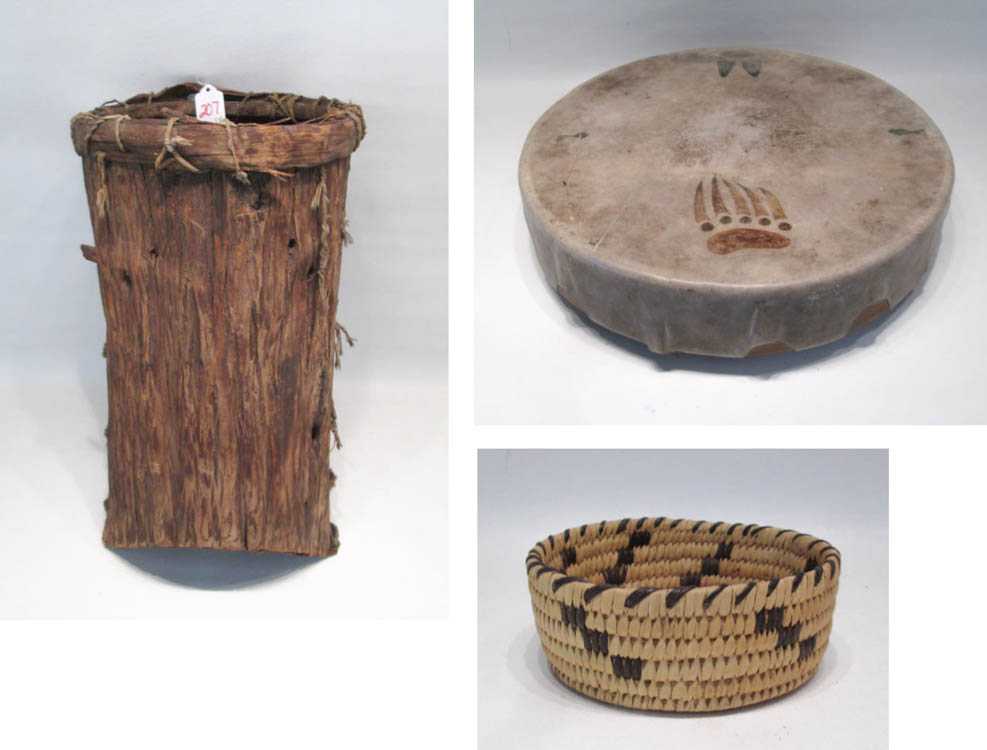 Appraisal: THREE NATIVE AMERICAN ITEMS plateau cedar bark berry basket height