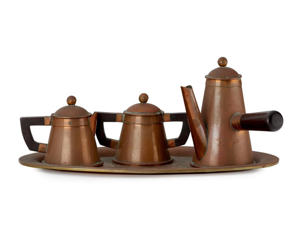 Appraisal: A Hector Aguilar wood and copper espresso set Circa s