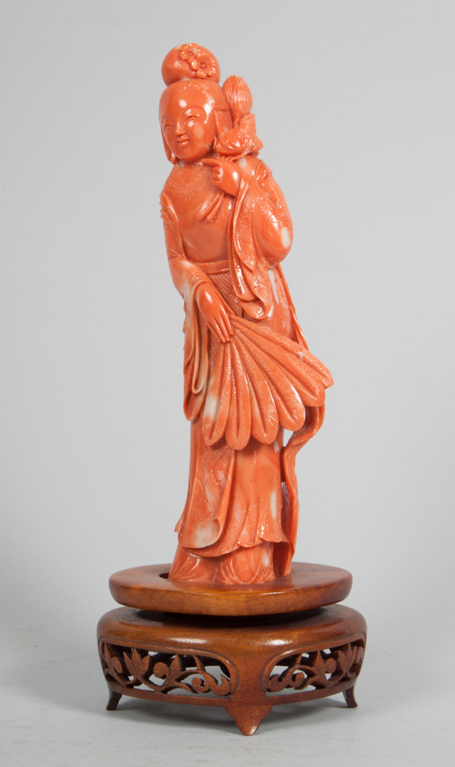 Appraisal: Chinese carved coral maiden figure mounted on wood base in