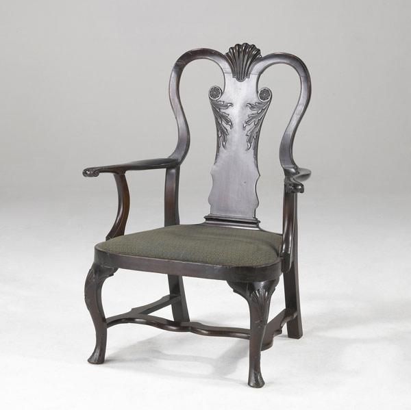 Appraisal: QUEEN ANNE ARMCHAIR Carved mahogany with upholstered seat th C