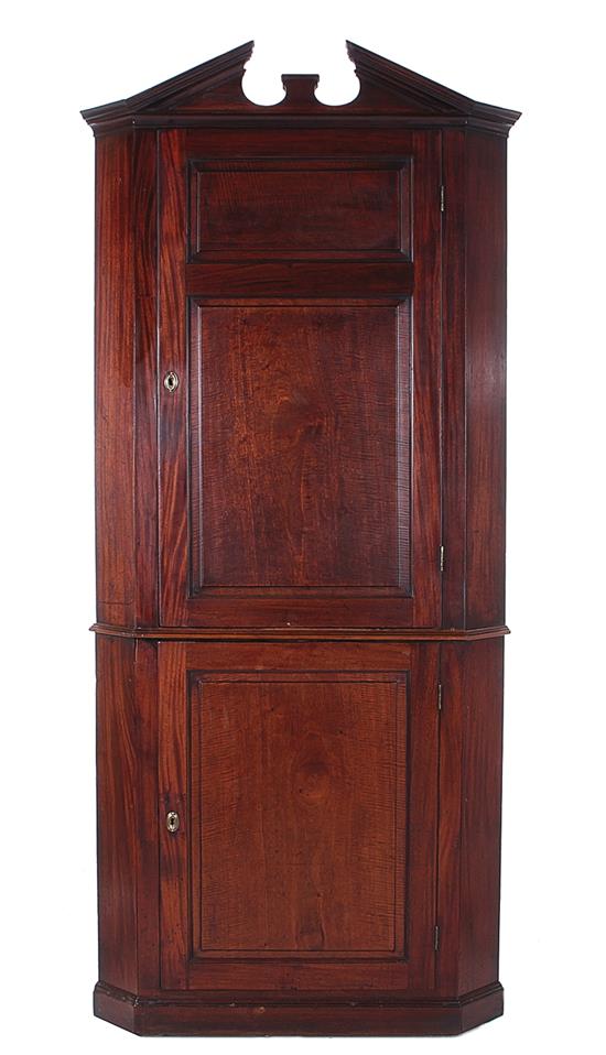 Appraisal: English mahogany double corner cabinet first half th century broken