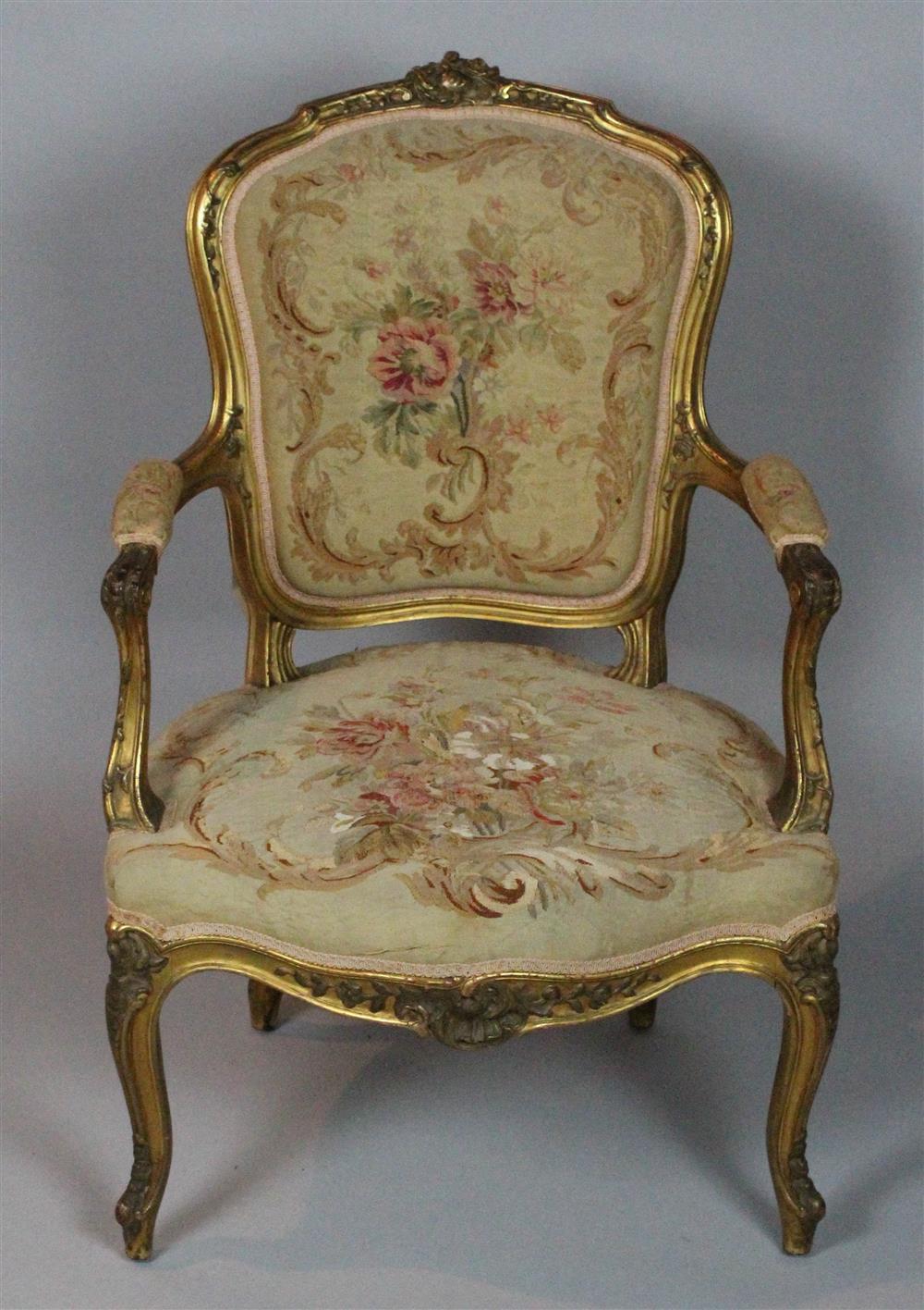 Appraisal: LOUIS XV STYLE GILTWOOD FAUTEUIL WITH ORIGINAL TAPESTRY UPHOLSTERY having