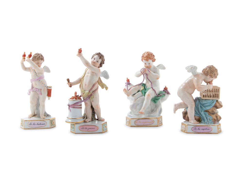 Appraisal: Four Meissen Painted and Parcel Gilt Porcelain Motto Figures Four