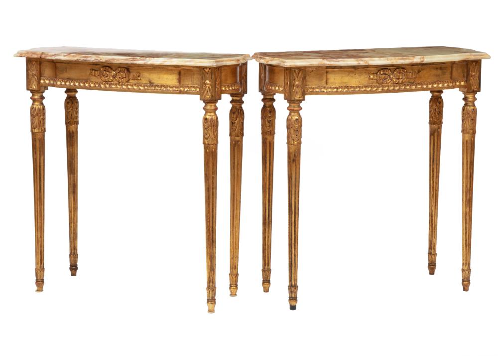 Appraisal: Pair of Antique Louis XVI-Style Giltwood Console Tables moled onyx