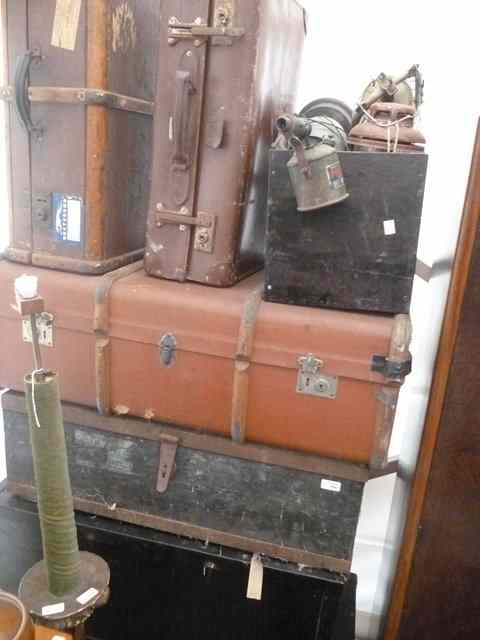 Appraisal: A GROUP OF VARIOUS TRUNKS boxes suitcases a galvanized tin