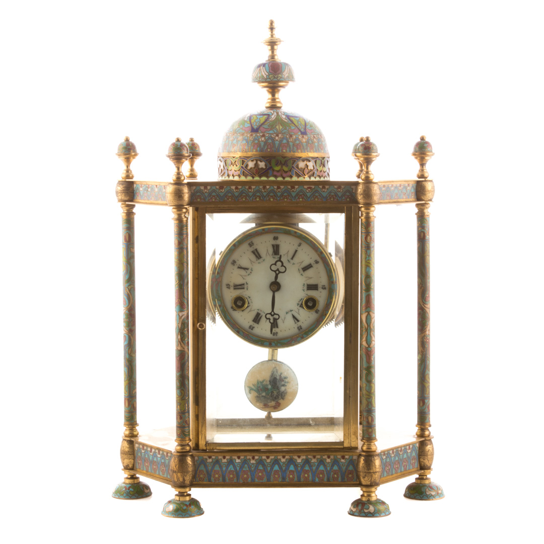 Appraisal: Chinese brass and cloisonne mantel clock hexagonal-shaped clock with cloisonne