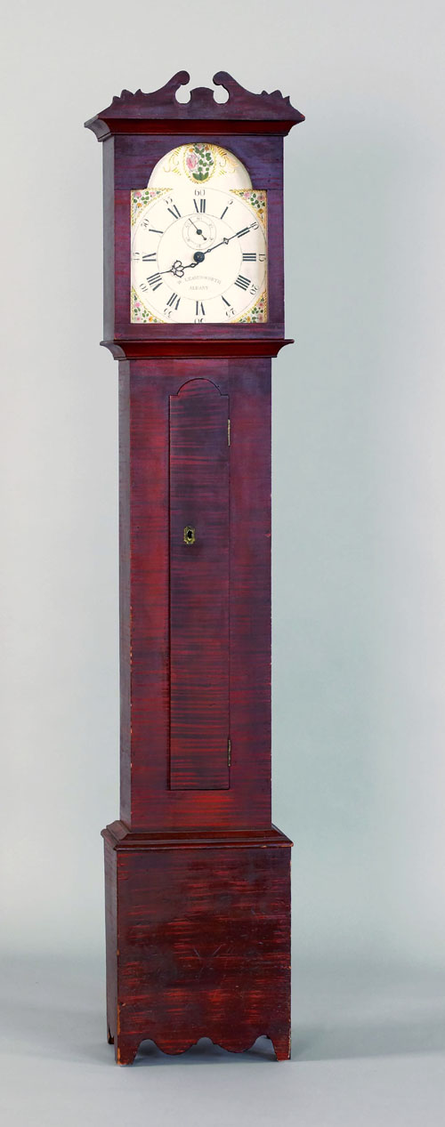 Appraisal: New York painted pine tall case clock ca the broken