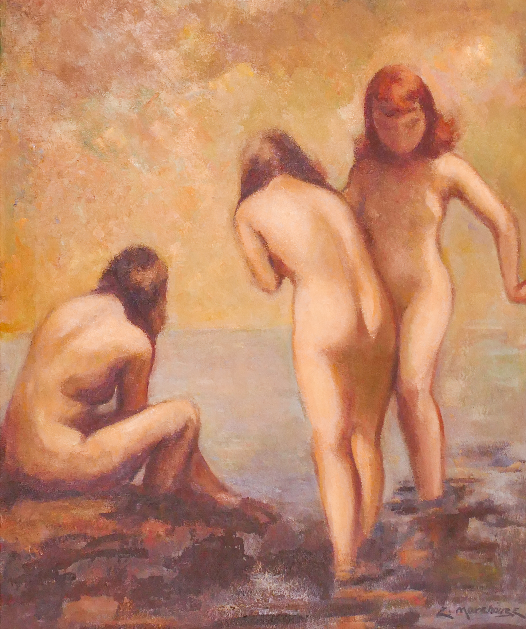 Appraisal: Edith Warehouse Bathing Nudes Oil on Canvas Framed- x ''