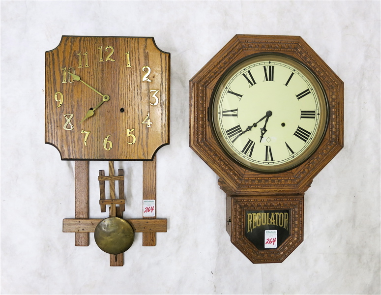 Appraisal: TWO AMERICAN OAK WALL CLOCKS octagonal short-drop 'regulator' Mission style