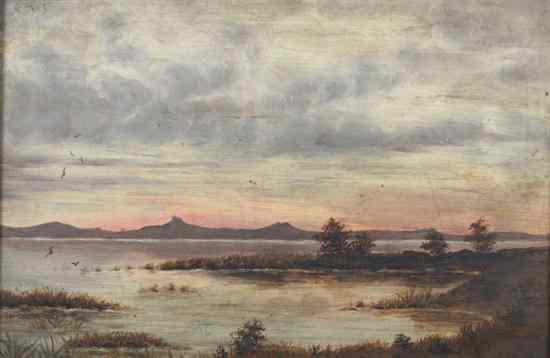 Appraisal: CONTINENTAL SCHOOL th th century TWILIGHT AT WATER'S EDGE oil