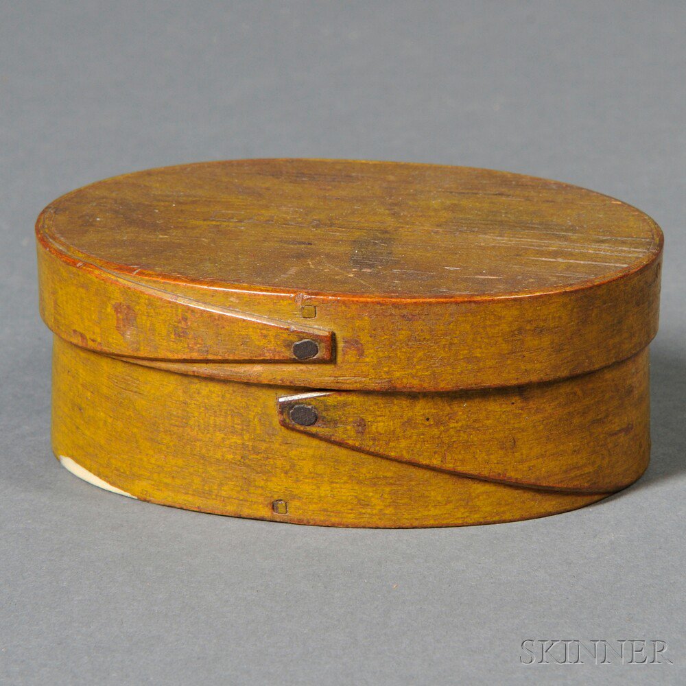 Appraisal: Small Oval Yellow-painted Lapped-seam Covered Box America th century pine