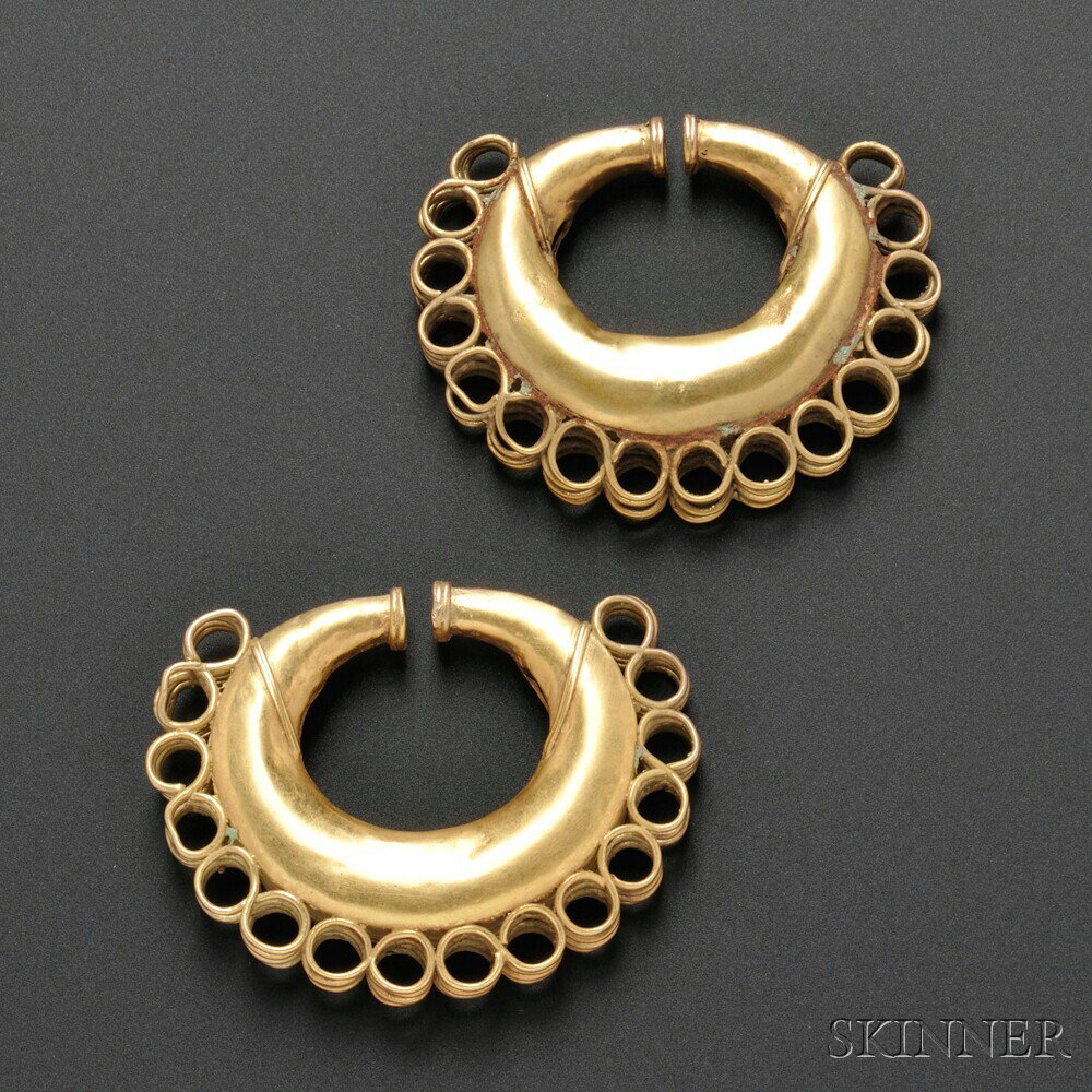 Appraisal: Tairona Gold Earrings Colombia c - A D elaborate four-coil