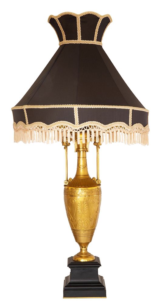 Appraisal: EGYPTIAN-REVIVAL GILT-BRONZE LAMP WITH BLACK SILK SHADE TH CENTURY EGYPTIAN-REVIVAL