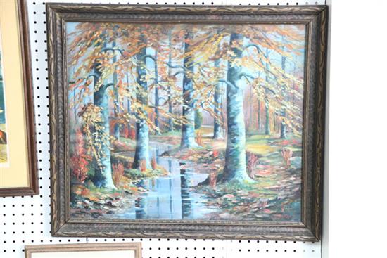 Appraisal: OIL ON MASONITE LANDSCAPE Beech trees and a stream Artist