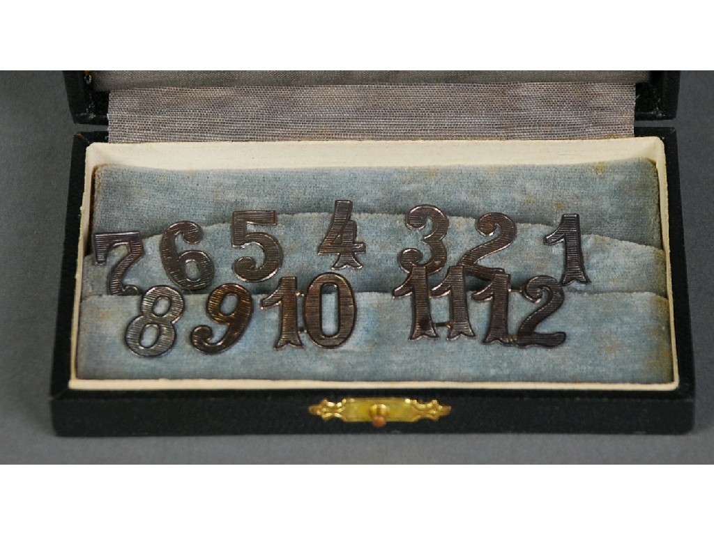 Appraisal: CASED SET OF TWELVE GERMAN SILVERED METAL PLACE NUMBERS standard