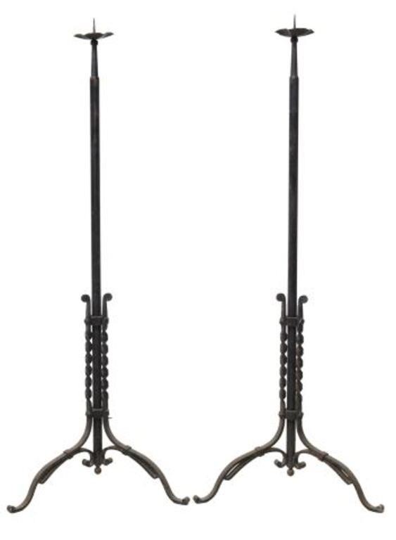 Appraisal: pair Wrought iron standing candle prickets th c having floral