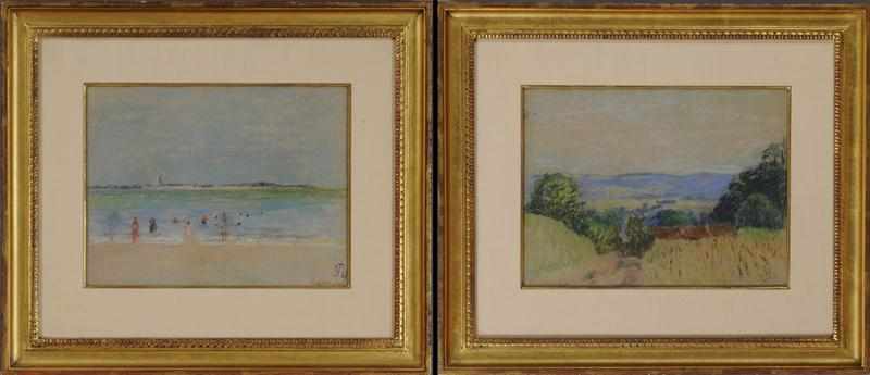 Appraisal: EUROPEAN SCHOOL LANDSCAPE WITH COTTAGES AND BEACH SCENE Both pastel