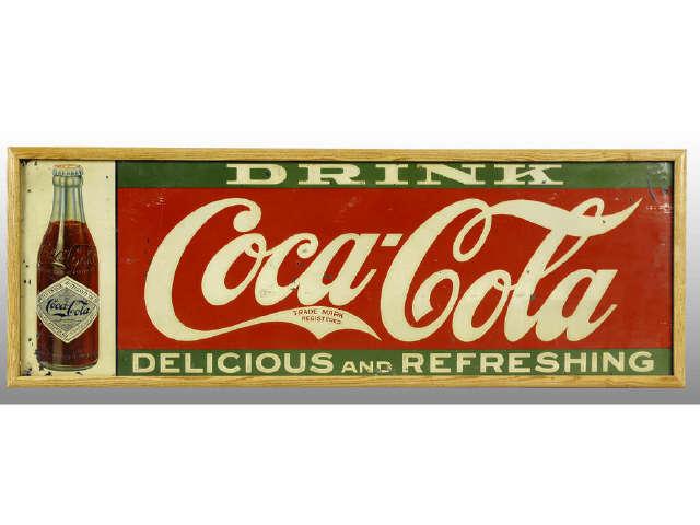 Appraisal: Embossed Tin Coca-Cola Sign Description Circa Extremely scarce Wood frame