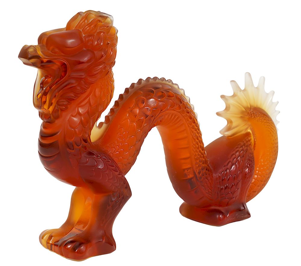 Appraisal: Lalique Amber Crystal Dragon Lalique amber crystal dragon sculpted undulating