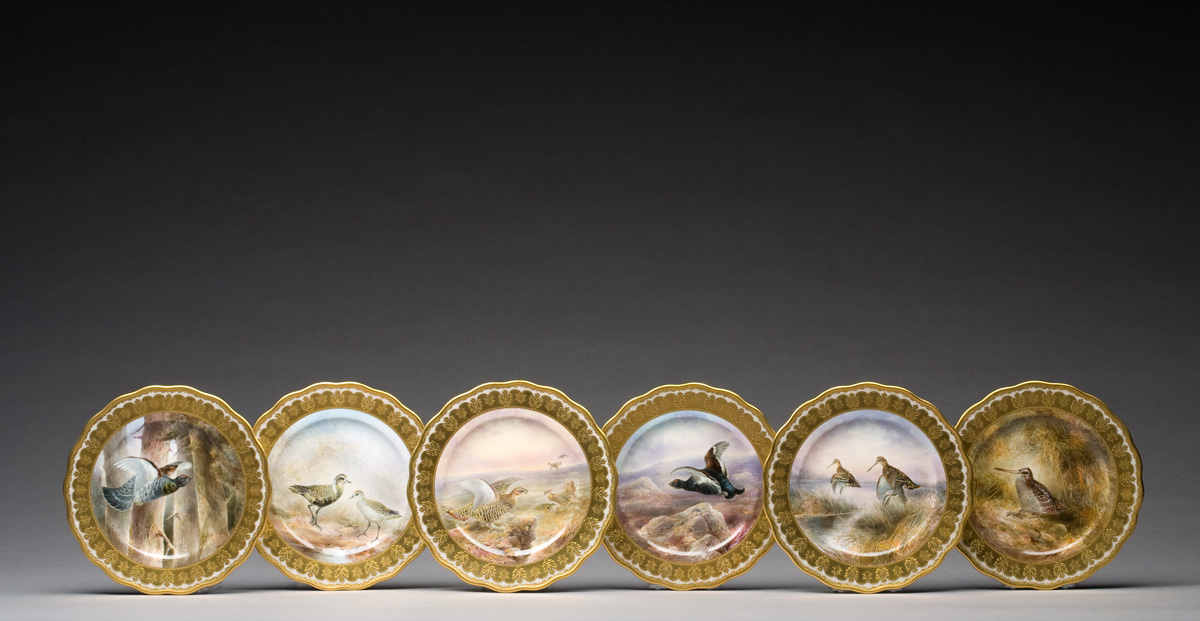 Appraisal: SET OF TWELVE CAULDON PORCELAIN PAINTED AND GILT ORNITHOLOGICAL PLATES