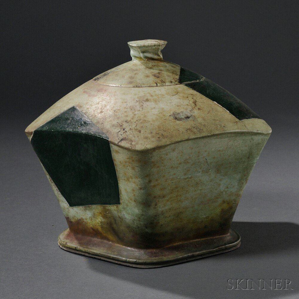 Appraisal: James Lawton Covered Vessel Studio pottery South Carolina Geometric green