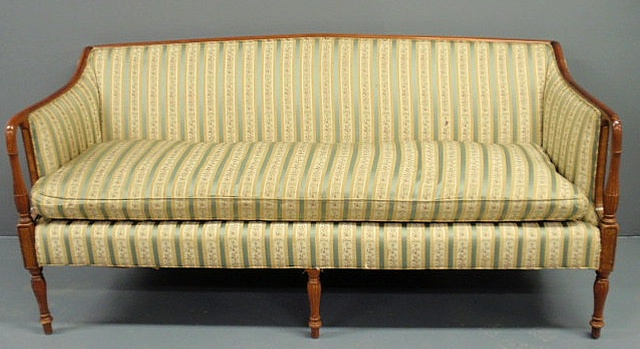 Appraisal: Sheraton style sofa with green striped and floral upholstery h