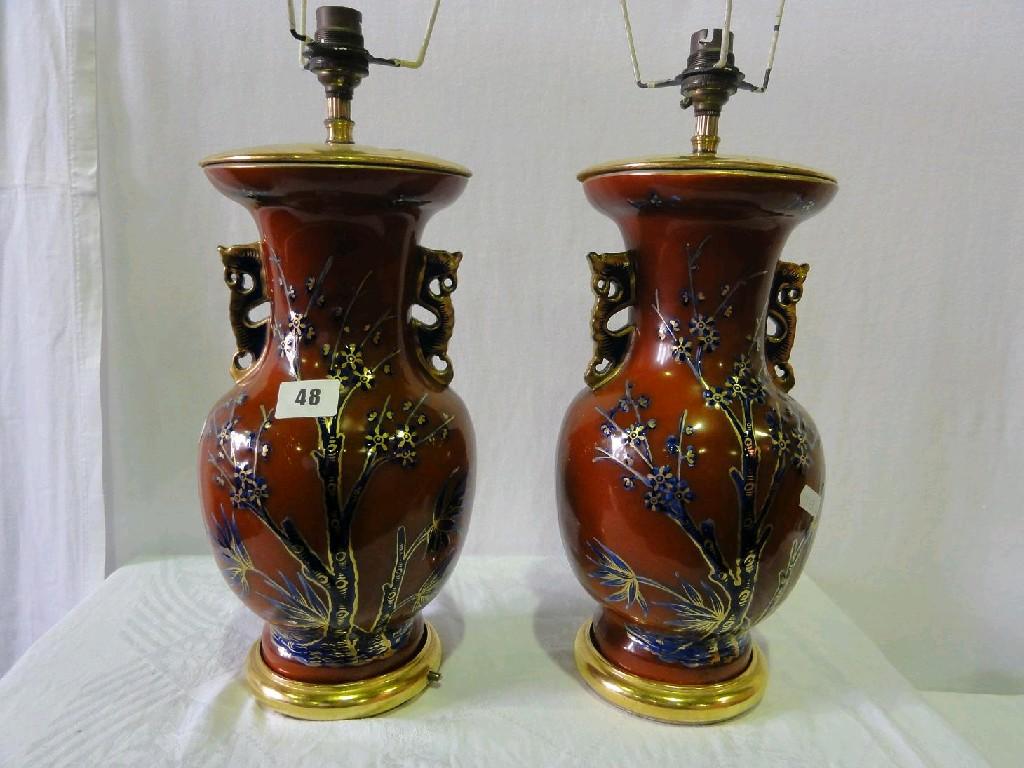 Appraisal: A pair of Ironstone type lamp bases with blue and