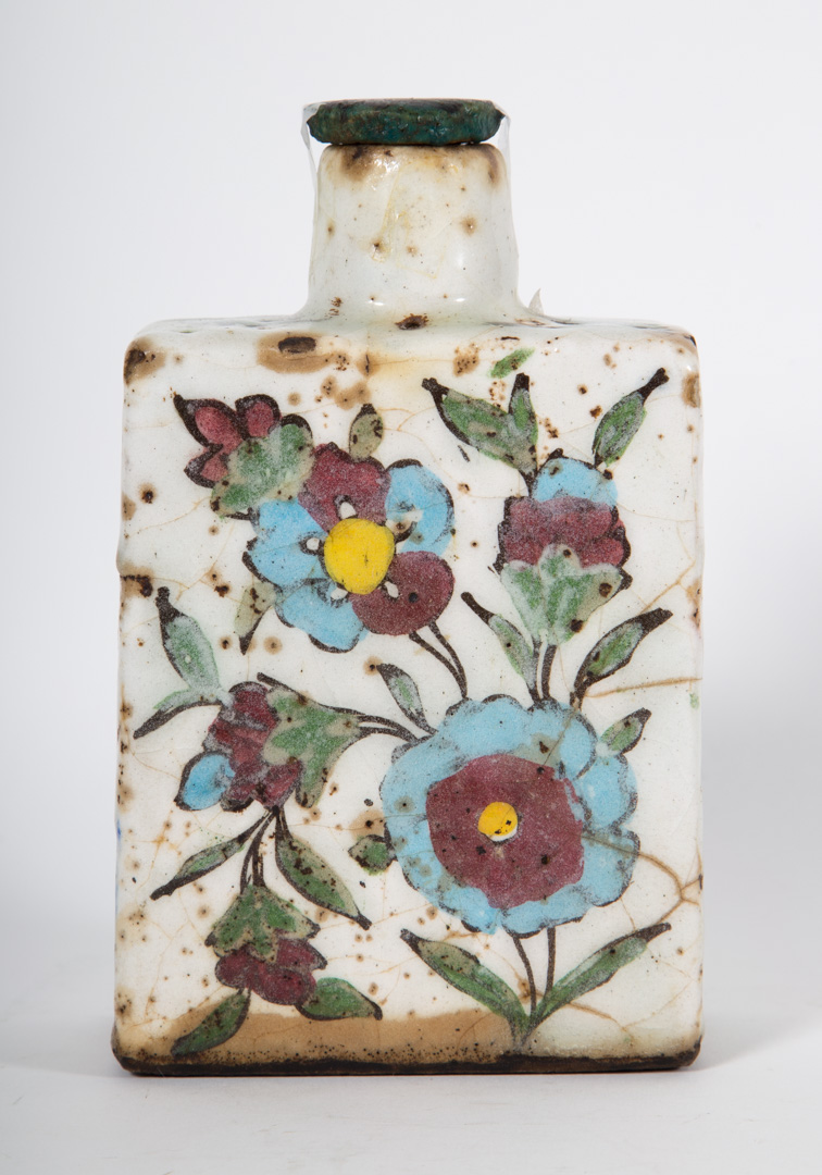 Appraisal: Anatolian faience bottle th century square form with floral decoration