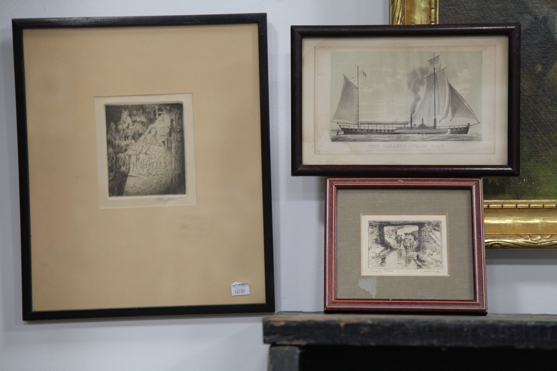 Appraisal: THREE FRAMED ITEMS American mid th century An etching entiltled