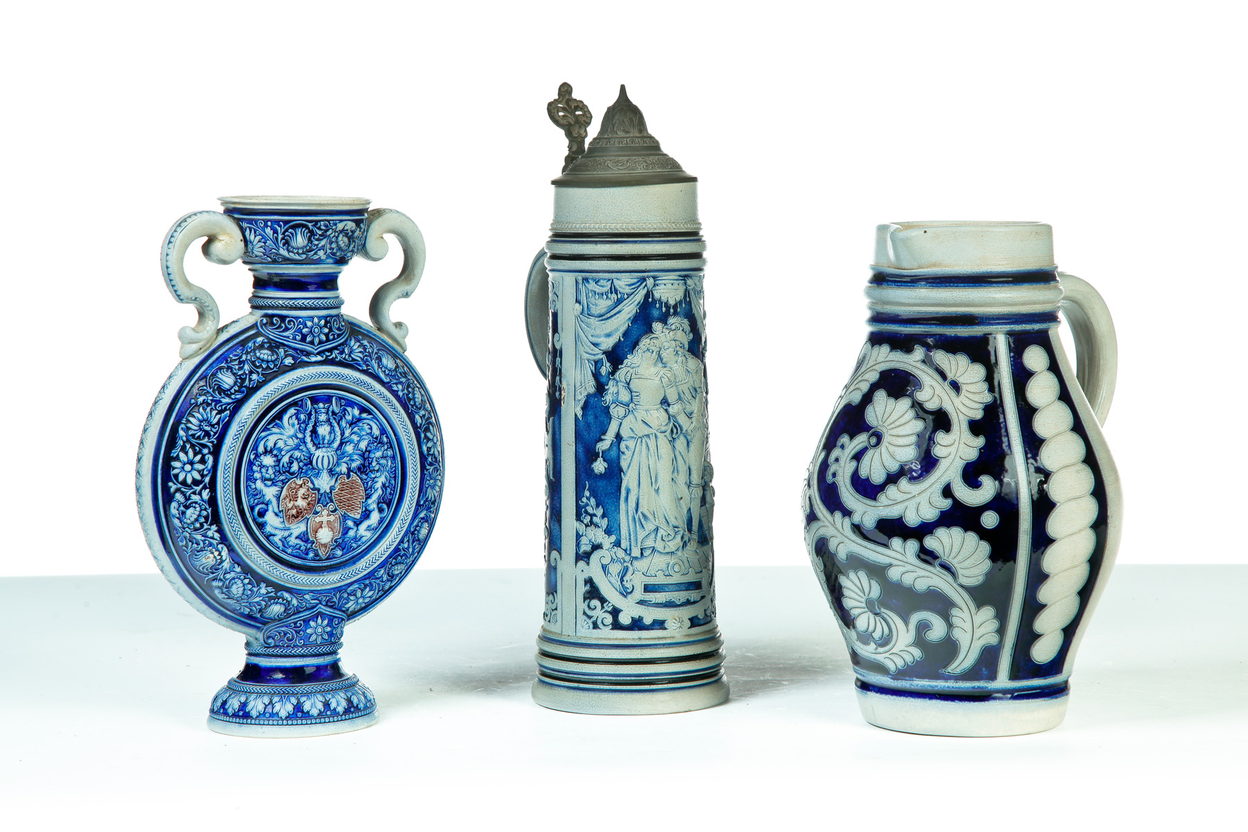 Appraisal: THREE PIECES OF GERMAN STONEWARE Salt glaze with cobalt decoration