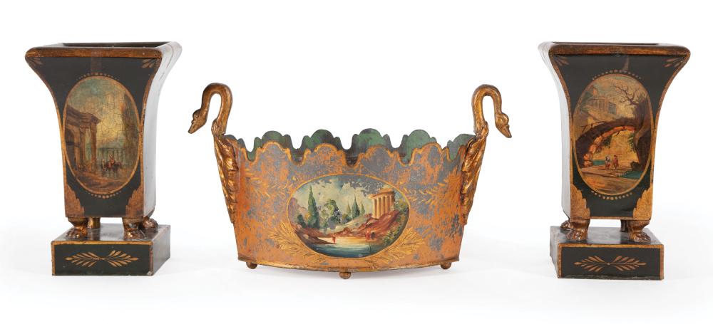 Appraisal: Continental Tole Peinte Centerpiece with Swan Handles th c h