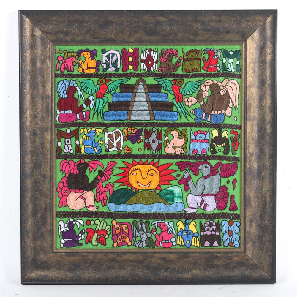 Appraisal: FRAMED VINTAGE BELIZEAN FOLK ART EMBROIDERY TEXTILE WITH BRIGHTLY COLORED