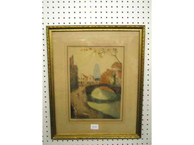 Appraisal: French Drypoint Etching bridge over canal handcolored