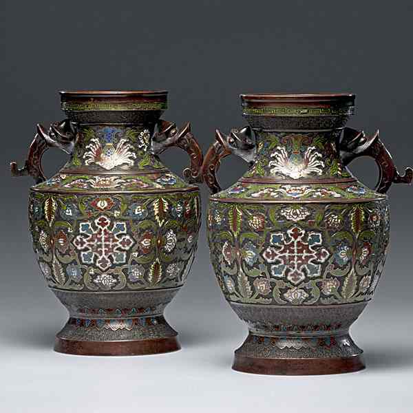 Appraisal: Champleve Over Bronze Vases Chinese a pair of baluster-form champleve