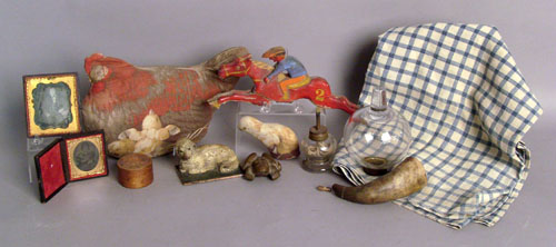 Appraisal: Misc table articles to include a powder horn fluid lamp