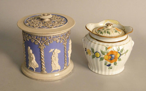 Appraisal: German pottery biscuit jar h together with a pearlware covered