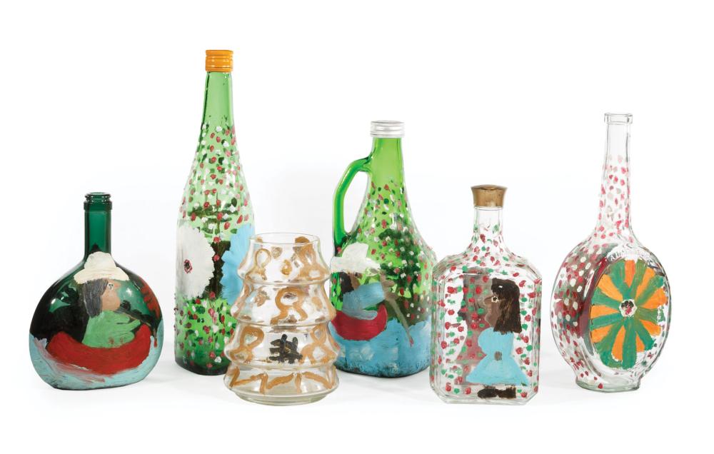 Appraisal: Clementine Hunter American Louisiana - Six Painted Glass Bottles with