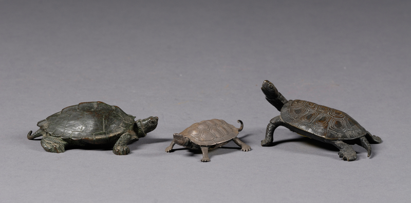 Appraisal: Three Tortoise Figures Japan th century one silver two bronze