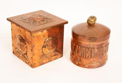 Appraisal: An Arts Crafts circular copper tobacco box and cover with