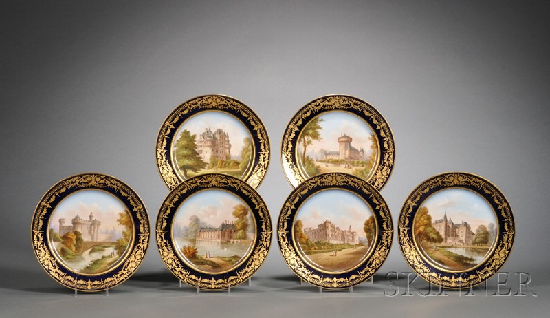 Appraisal: Six Hand-painted Sevres Porcelain Luncheon Plates mid- th century made