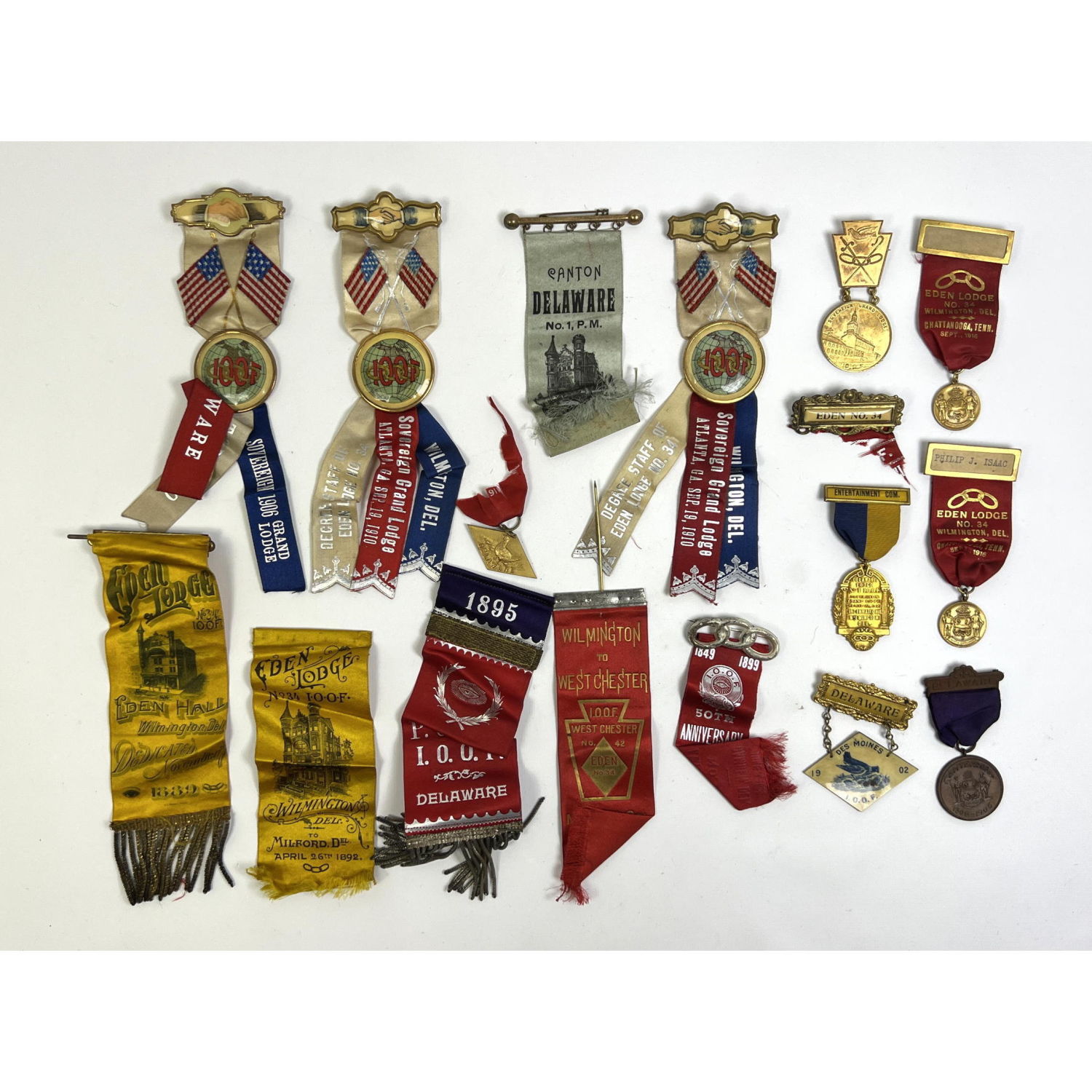 Appraisal: Lot Odd Fellows lodge badge and ribbons Delaware lodge from