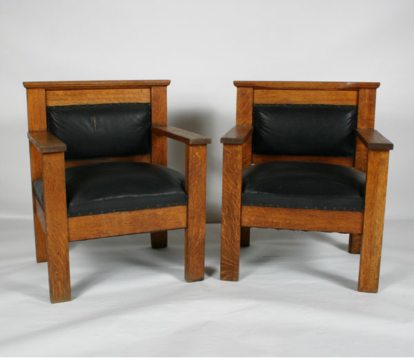 Appraisal: Pair Mission oak arm chairs upholstered seat and back shaped