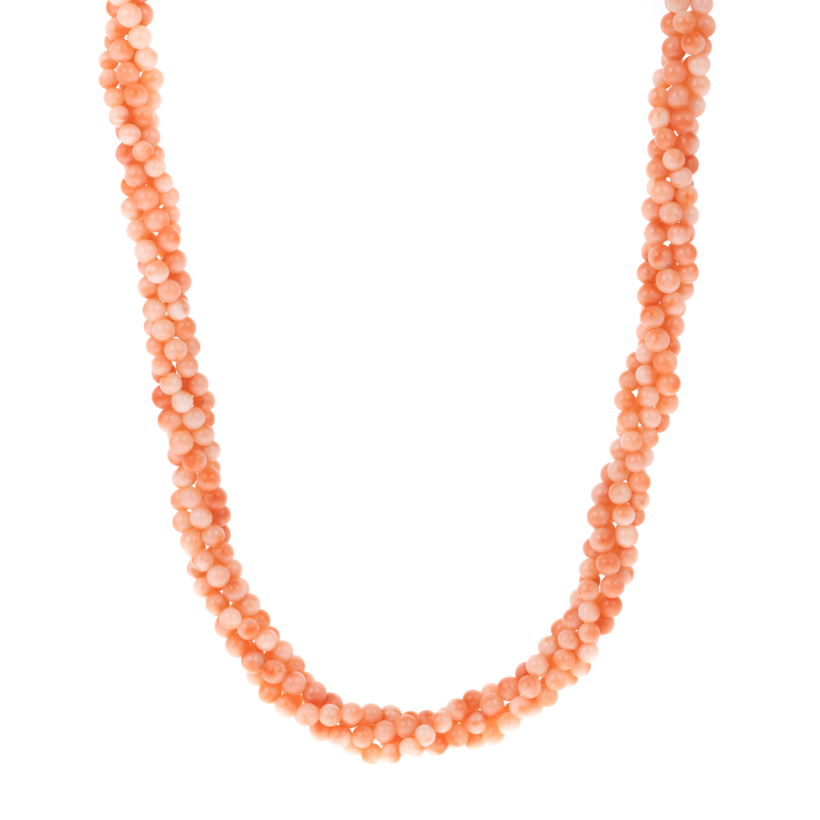 Appraisal: A MULTI-STRAND CORAL NECKLACE WITH CARVED ROSE Twisted multi-strand coral