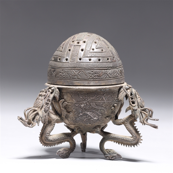 Appraisal: Antique Chinese metal egg-form tripod salt cellar with intricately crafted